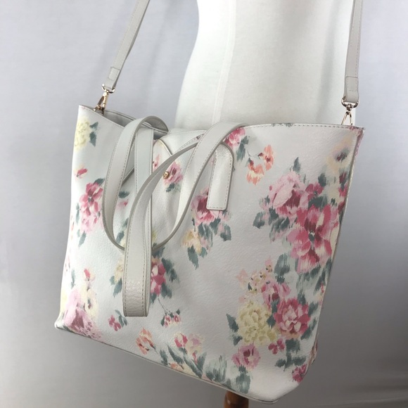 LC Lauren Conrad White Pink Floral Large Vegan Leather Tote Bag NWOT - Picture 3 of 15